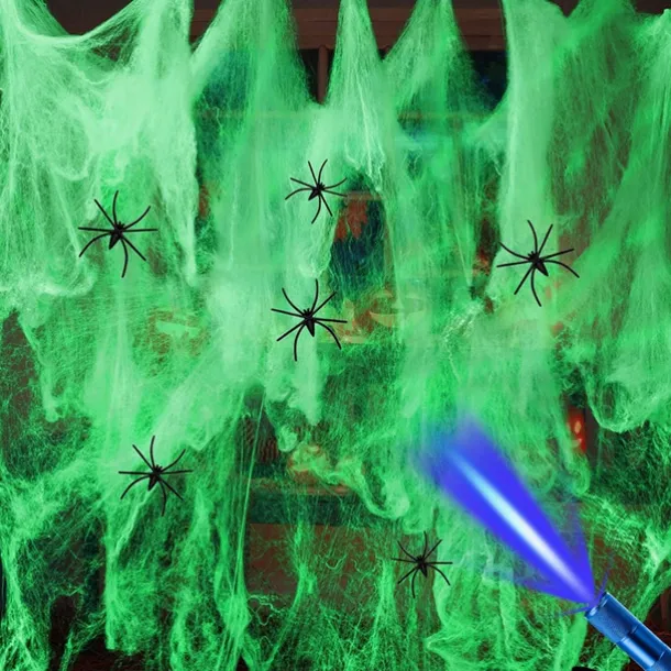 Halloween Glow in The Dark Spider Web Fake Cobwebs Stretch Green Spider Webs for Halloween Outdoor Indoor Home Decorations Creepy Party Decor