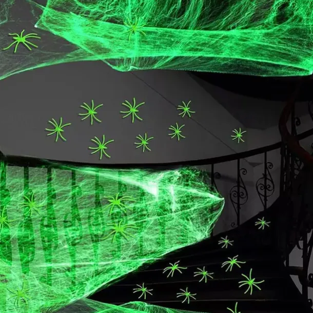 Halloween Glow in The Dark Spider Web Fake Cobwebs Stretch Green Spider Webs for Halloween Outdoor Indoor Home Decorations Creepy Party Decor