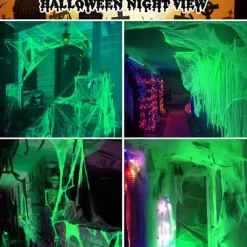 Halloween Glow in The Dark Spider Web Fake Cobwebs Stretch Green Spider Webs for Halloween Outdoor Indoor Home Decorations Creepy Party Decor