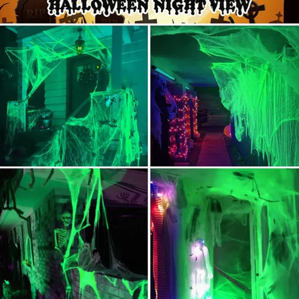 Halloween Glow in The Dark Spider Web Fake Cobwebs Stretch Green Spider Webs for Halloween Outdoor Indoor Home Decorations Creepy Party Decor
