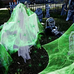 Halloween Glow in The Dark Spider Web Fake Cobwebs Stretch Green Spider Webs for Halloween Outdoor Indoor Home Decorations Creepy Party Decor