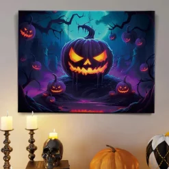 Halloween Glowing Pumpkin Face LED Canvas Wall Art - Battery Operated Lighted Wall Decor for 2025 Halloween home decoration light livingroom and bedroom