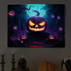 Halloween Glowing Pumpkin Face LED Canvas Wall Art - Battery Operated Lighted Wall Decor for 2025 Halloween home decoration light livingroom and bedroom