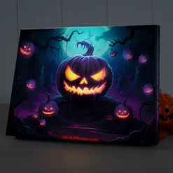 Halloween Glowing Pumpkin Face LED Canvas Wall Art - Battery Operated Lighted Wall Decor for 2025 Halloween home decoration light livingroom and bedroom