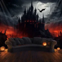 Halloween Gothic Castle Wall Tapestry – Spooky Night Scene with Pumpkins and Bats, Horror Haunted Castle Backdrop for 2025 HALLOWEEN Living Room, Bedroom, Party Decoration
