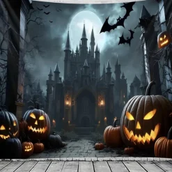Halloween Gothic Castle Wall Tapestry – Spooky Night Scene with Pumpkins and Bats, Horror Haunted Castle Backdrop for 2025 HALLOWEEN Living Room, Bedroom, Party Decoration
