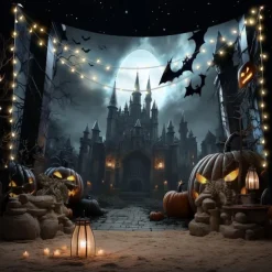 Halloween Gothic Castle Wall Tapestry – Spooky Night Scene with Pumpkins and Bats, Horror Haunted Castle Backdrop for 2025 HALLOWEEN Living Room, Bedroom, Party Decoration