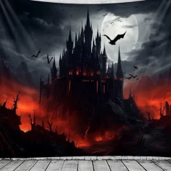 Halloween Gothic Castle Wall Tapestry – Spooky Night Scene with Pumpkins and Bats, Horror Haunted Castle Backdrop for 2025 HALLOWEEN Living Room, Bedroom, Party Decoration