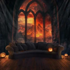 Halloween Gothic Cathedral Wall Tapestry – Red Stained Glass Window Scene with Dark Ambiance, Horror Backdrop for 2025 Halloween Living Room, Bedroom, Haunted House Decoration