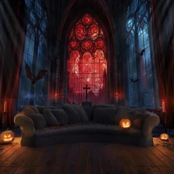 Halloween Gothic Cathedral Wall Tapestry – Red Stained Glass Window Scene with Dark Ambiance, Horror Backdrop for 2025 Halloween Living Room, Bedroom, Haunted House Decoration