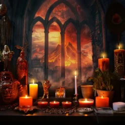 Halloween Gothic Cathedral Wall Tapestry – Red Stained Glass Window Scene with Dark Ambiance, Horror Backdrop for 2025 Halloween Living Room, Bedroom, Haunted House Decoration