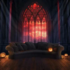 Halloween Gothic Cathedral Wall Tapestry – Red Stained Glass Window Scene with Dark Ambiance, Horror Backdrop for 2025 Halloween Living Room, Bedroom, Haunted House Decoration