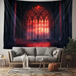 Halloween Gothic Cathedral Wall Tapestry – Red Stained Glass Window Scene with Dark Ambiance, Horror Backdrop for 2025 Halloween Living Room, Bedroom, Haunted House Decoration