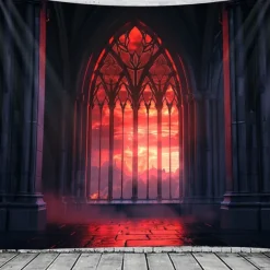 Halloween Gothic Cathedral Wall Tapestry – Red Stained Glass Window Scene with Dark Ambiance, Horror Backdrop for 2025 Halloween Living Room, Bedroom, Haunted House Decoration