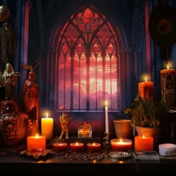 Halloween Gothic Cathedral Wall Tapestry – Red Stained Glass Window Scene with Dark Ambiance, Horror Backdrop for 2025 Halloween Living Room, Bedroom, Haunted House Decoration