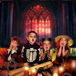 Halloween Gothic Cathedral Wall Tapestry – Red Stained Glass Window Scene with Dark Ambiance, Horror Backdrop for 2025 Halloween Living Room, Bedroom, Haunted House Decoration