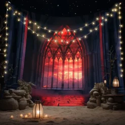 Halloween Gothic Cathedral Wall Tapestry – Red Stained Glass Window Scene with Dark Ambiance, Horror Backdrop for 2025 Halloween Living Room, Bedroom, Haunted House Decoration