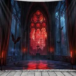 Halloween Gothic Cathedral Wall Tapestry – Red Stained Glass Window Scene with Dark Ambiance, Horror Backdrop for 2025 Halloween Living Room, Bedroom, Haunted House Decoration