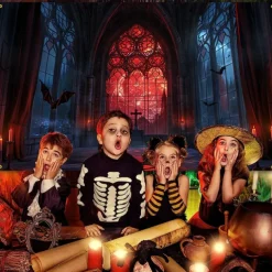 Halloween Gothic Cathedral Wall Tapestry – Red Stained Glass Window Scene with Dark Ambiance, Horror Backdrop for 2025 Halloween Living Room, Bedroom, Haunted House Decoration