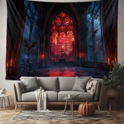 Halloween Gothic Cathedral Wall Tapestry – Red Stained Glass Window Scene with Dark Ambiance, Horror Backdrop for 2025 Halloween Living Room, Bedroom, Haunted House Decoration