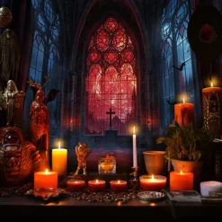 Halloween Gothic Cathedral Wall Tapestry – Red Stained Glass Window Scene with Dark Ambiance, Horror Backdrop for 2025 Halloween Living Room, Bedroom, Haunted House Decoration