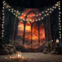 Halloween Gothic Cathedral Wall Tapestry – Red Stained Glass Window Scene with Dark Ambiance, Horror Backdrop for 2025 Halloween Living Room, Bedroom, Haunted House Decoration
