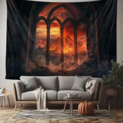 Halloween Gothic Cathedral Wall Tapestry – Red Stained Glass Window Scene with Dark Ambiance, Horror Backdrop for 2025 Halloween Living Room, Bedroom, Haunted House Decoration