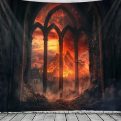 Halloween Gothic Cathedral Wall Tapestry – Red Stained Glass Window Scene with Dark Ambiance, Horror Backdrop for 2025 Halloween Living Room, Bedroom, Haunted House Decoration