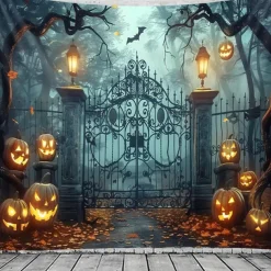 Halloween Gothic Haunted House Wall Tapestry – Creepy Silhouettes in Front of Spooky Mansion, Foggy Night Scene, Horror Backdrop for 2025 HALLOWEEN Living Room, Bedroom, Party Decoration