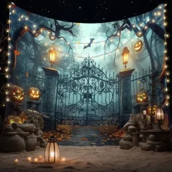 Halloween Gothic Haunted House Wall Tapestry – Creepy Silhouettes in Front of Spooky Mansion, Foggy Night Scene, Horror Backdrop for 2025 HALLOWEEN Living Room, Bedroom, Party Decoration