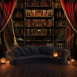Halloween Gothic Window View Wall Tapestry – Red Curtain Stage with Spooky Moonlit Night Scene, Horror Backdrop for 2025 Halloween Living Room, Bedroom, Haunted House Decoration
