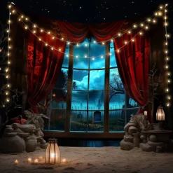 Halloween Gothic Window View Wall Tapestry – Red Curtain Stage with Spooky Moonlit Night Scene, Horror Backdrop for 2025 Halloween Living Room, Bedroom, Haunted House Decoration