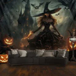 Halloween Gothic Witch Wall Tapestry – Dark Forest Scene with Jack-o'-Lanterns, Spooky Night Sky, Horror Backdrop for 2025 Halloween Living Room, Bedroom, Party Decoration
