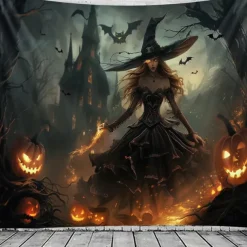 Halloween Gothic Witch Wall Tapestry – Dark Forest Scene with Jack-o'-Lanterns, Spooky Night Sky, Horror Backdrop for 2025 Halloween Living Room, Bedroom, Party Decoration