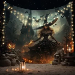 Halloween Gothic Witch Wall Tapestry – Dark Forest Scene with Jack-o'-Lanterns, Spooky Night Sky, Horror Backdrop for 2025 Halloween Living Room, Bedroom, Party Decoration