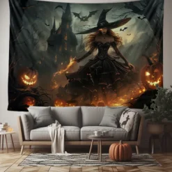 Halloween Gothic Witch Wall Tapestry – Dark Forest Scene with Jack-o'-Lanterns, Spooky Night Sky, Horror Backdrop for 2025 Halloween Living Room, Bedroom, Party Decoration