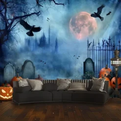 Halloween Grim Reaper Gothic Wall Tapestry – Dark Haunted Castle Lightning Storm Skull Wall Art Backdrop Large Hanging Mural Blanket Curtain for Bedroom Living Room Home Decoration