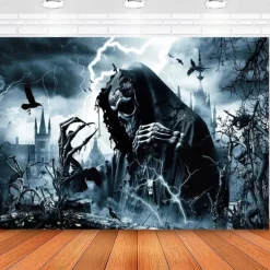 Halloween Grim Reaper Gothic Wall Tapestry – Dark Haunted Castle Lightning Storm Skull Wall Art Backdrop Large Hanging Mural Blanket Curtain for Bedroom Living Room Home Decoration