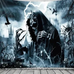 Halloween Grim Reaper Gothic Wall Tapestry – Dark Haunted Castle Lightning Storm Skull Wall Art Backdrop Large Hanging Mural Blanket Curtain for Bedroom Living Room Home Decoration