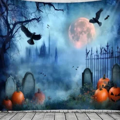 Halloween Grim Reaper Gothic Wall Tapestry – Dark Haunted Castle Lightning Storm Skull Wall Art Backdrop Large Hanging Mural Blanket Curtain for Bedroom Living Room Home Decoration