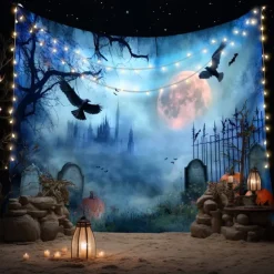 Halloween Grim Reaper Gothic Wall Tapestry – Dark Haunted Castle Lightning Storm Skull Wall Art Backdrop Large Hanging Mural Blanket Curtain for Bedroom Living Room Home Decoration