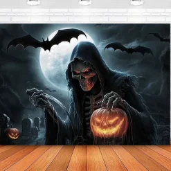 Halloween Grim Reaper Tapestry – Scary Skeleton with Jack-O'-Lantern, Spooky Graveyard Full Moon Wall Art Backdrop, Large Hanging Mural Blanket for 2025 Halloween decoration
