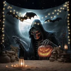 Halloween Grim Reaper Tapestry – Scary Skeleton with Jack-O'-Lantern, Spooky Graveyard Full Moon Wall Art Backdrop, Large Hanging Mural Blanket for 2025 Halloween decoration