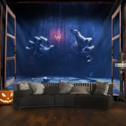 Halloween Hanging Tapestry Ghost Hand Photograph Backdrop Jack O Lantern Wall Art Large Tapestry Mural Decor Blanket Curtain Home Bedroom Living Room Decoration Death Selfie