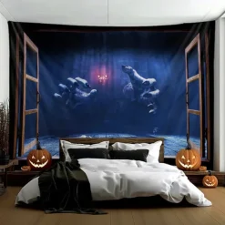 Halloween Hanging Tapestry Ghost Hand Photograph Backdrop Jack O Lantern Wall Art Large Tapestry Mural Decor Blanket Curtain Home Bedroom Living Room Decoration Death Selfie