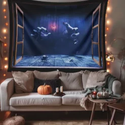 Halloween Hanging Tapestry Ghost Hand Photograph Backdrop Jack O Lantern Wall Art Large Tapestry Mural Decor Blanket Curtain Home Bedroom Living Room Decoration Death Selfie