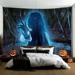 Halloween Hanging Tapestry Ghost Hand Photograph Backdrop Jack O Lantern Wall Art Large Tapestry Mural Decor Blanket Curtain Home Bedroom Living Room Decoration Death Selfie