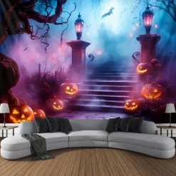 Halloween Hanging Tapestry Photograph Backdrop Jack O Lantern Wall Art Large Tapestry Mural Decor Blanket Curtain Home Bedroom Living Room Decoration Death Selfie