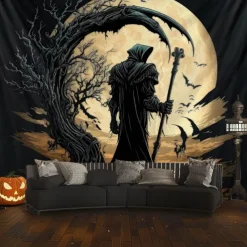 Halloween Hanging Tapestry Death under the Moon Photograph Backdrop Jack O Lantern Wall Art Large Tapestry Mural Decor Blanket Curtain Home Bedroom Living Room Decoration Death Selfie