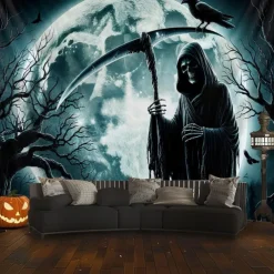Halloween Hanging Tapestry Death under the Moon Photograph Backdrop Jack O Lantern Wall Art Large Tapestry Mural Decor Blanket Curtain Home Bedroom Living Room Decoration Death Selfie